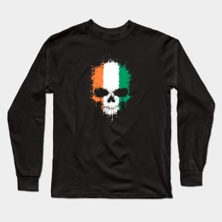 Chaotic Ivory Coast Flag Splatter Skull Long Sleeve T-Shirt